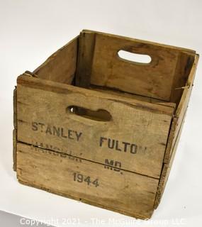 Wooden box with cutout handles; stenciled "Stanley Fulton. Hancock, MD 1944; 11 x 15 x 18"