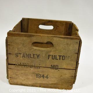 Wooden box with cutout handles; stenciled "Stanley Fulton. Hancock, MD 1944; 11 x 15 x 18"