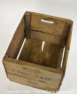 Wooden box with cutout handles; stenciled "Stanley Fulton. Hancock, MD 1944; 11 x 15 x 18"