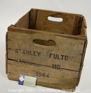 Wooden box with cutout handles; stenciled "Stanley Fulton. Hancock, MD 1944; 11 x 15 x 18"