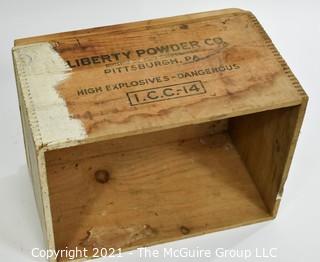 Wooden Finger Jointed Box High Explosives Box Stenciled "Liberty Powder Co.", Pittsburg, PA; 11 x 13 x 18"