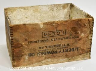 Wooden finger jointed box high explosives box stenciled "Liberty Powder Co.", Pittsburg, PA; 13 x 10 x 18"