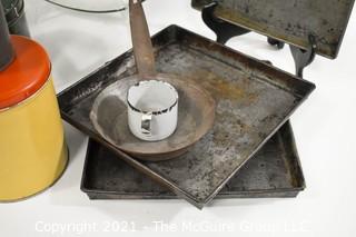 Collection of Vintage Kitchen Ware Items Including Maryland Graham Cracker Tins, Porcelain Bowl, Baking Sheets and a Tool Box. 