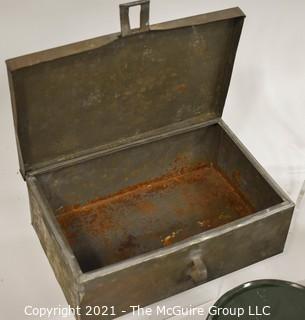 Collection of Vintage Kitchen Ware Items Including Maryland Graham Cracker Tins, Porcelain Bowl, Baking Sheets and a Tool Box. 