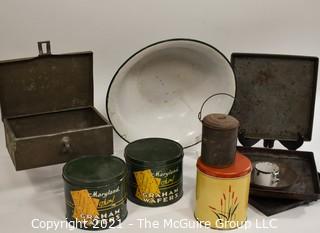 Collection of Vintage Kitchen Ware Items Including Maryland Graham Cracker Tins, Porcelain Bowl, Baking Sheets and a Tool Box. 