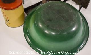 Collection of Vintage Kitchen Ware Items Including Maryland Graham Cracker Tins, Porcelain Bowl, Baking Sheets and a Tool Box. 