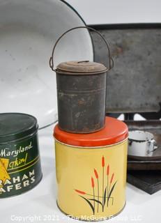 Collection of Vintage Kitchen Ware Items Including Maryland Graham Cracker Tins, Porcelain Bowl, Baking Sheets and a Tool Box. 