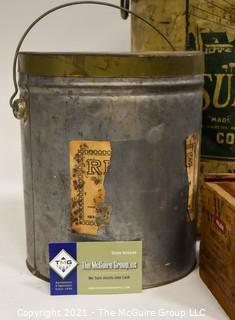 Group of Vintage Pails and a Wood Box. 