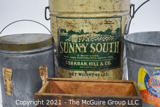 Group of Vintage Pails and a Wood Box. 