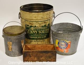 Group of Vintage Pails and a Wood Box. 