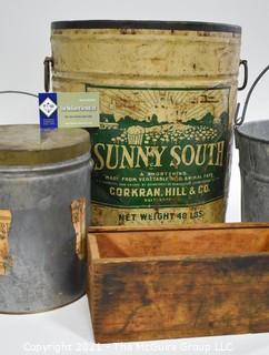 Group of Vintage Pails and a Wood Box. 