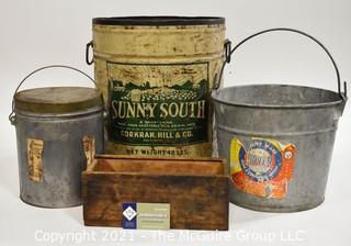 Group of Vintage Pails and a Wood Box. 