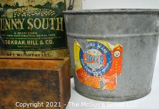 Group of Vintage Pails and a Wood Box. 