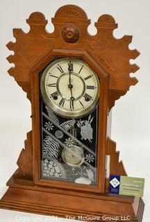 Antique Victorian Parlor Mantel Clock in Fretwork Wood Case, Waterbury Clock Co. 