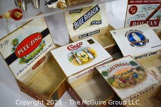 Collection Of Vintage Cigar Boxes And Stainless Steel Flask with Two (2) Cups. 