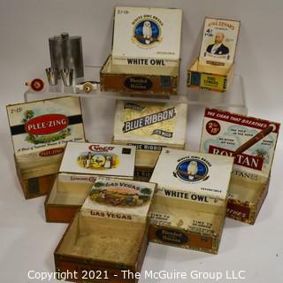 Collection Of Vintage Cigar Boxes And Stainless Steel Flask with Two (2) Cups. 