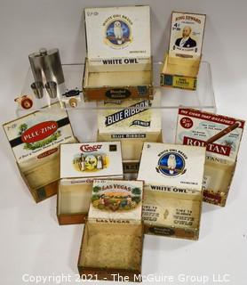 Collection Of Vintage Cigar Boxes And Stainless Steel Flask with Two (2) Cups. 