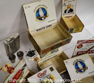 Collection Of Vintage Cigar Boxes And Stainless Steel Flask with Two (2) Cups. 