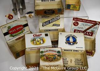 Collection Of Vintage Cigar Boxes And Stainless Steel Flask with Two (2) Cups. 