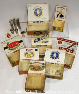 Collection Of Vintage Cigar Boxes And Stainless Steel Flask with Two (2) Cups. 