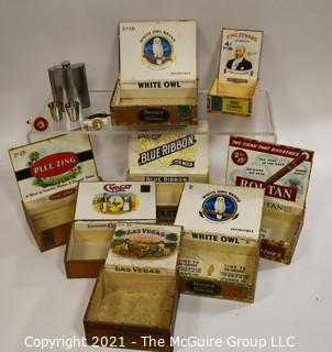 Collection Of Vintage Cigar Boxes And Stainless Steel Flask with Two (2) Cups. 