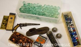 Eclectic Assortment Including Marbles, Shoemakers Last, Eveready Flashlight, Metal Saw, Large Ball Bearings, Button Electrical Switch Plate For Wall & Box Of Copper Tacks.