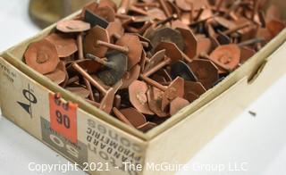 Eclectic Assortment Including Marbles, Shoemakers Last, Eveready Flashlight, Metal Saw, Large Ball Bearings, Button Electrical Switch Plate For Wall & Box Of Copper Tacks.