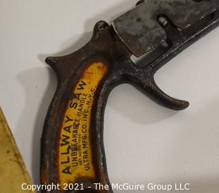 Eclectic Assortment Including Marbles, Shoemakers Last, Eveready Flashlight, Metal Saw, Large Ball Bearings, Button Electrical Switch Plate For Wall & Box Of Copper Tacks.