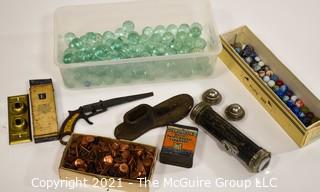 Eclectic Assortment Including Marbles, Shoemakers Last, Eveready Flashlight, Metal Saw, Large Ball Bearings, Button Electrical Switch Plate For Wall & Box Of Copper Tacks.