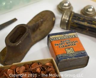 Eclectic Assortment Including Marbles, Shoemakers Last, Eveready Flashlight, Metal Saw, Large Ball Bearings, Button Electrical Switch Plate For Wall & Box Of Copper Tacks.