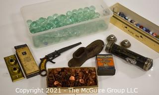 Eclectic Assortment Including Marbles, Shoemakers Last, Eveready Flashlight, Metal Saw, Large Ball Bearings, Button Electrical Switch Plate For Wall & Box Of Copper Tacks.