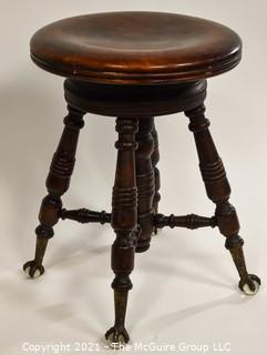 Mahogany Piano Stool with Brass Claw and Glass Feet; made by A. Merriam and Co., MASS