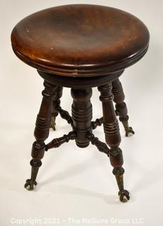 Mahogany Piano Stool with Brass Claw and Glass Feet; made by A. Merriam and Co., MASS