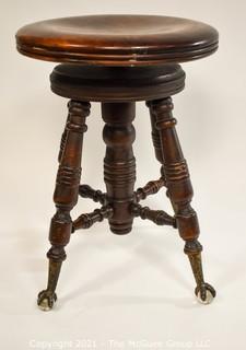 Mahogany Piano Stool with Brass Claw and Glass Feet; made by A. Merriam and Co., MASS