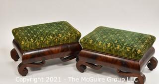 Two (2) Matching Vintage Fruitwood Footstools with Green Tapestry Upholstered Top.  Measure approximately  10 x 11 x 18"