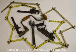 Collection of Hand Tools Including Zig Zag Carpenter Rules, Hand Brace, Adjusting Wrenches And Stanley No.78 Plane