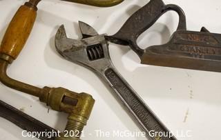 Collection of Hand Tools Including Zig Zag Carpenter Rules, Hand Brace, Adjusting Wrenches And Stanley No.78 Plane