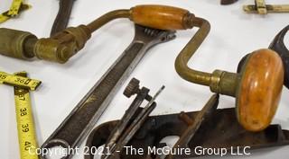 Collection of Hand Tools Including Zig Zag Carpenter Rules, Hand Brace, Adjusting Wrenches And Stanley No.78 Plane