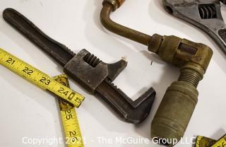 Collection of Hand Tools Including Zig Zag Carpenter Rules, Hand Brace, Adjusting Wrenches And Stanley No.78 Plane