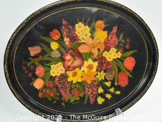 Oblong Toleware Hand painted Tray, Signed by Artist, Measures approximately 17 1/2 x 22"