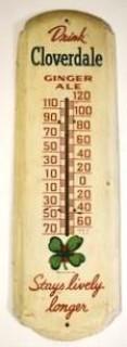 Vintage Mid-Century Cloverdale Ginger Ale Soda Metal Advertising Thermometer. Working condition and measures approximately 9 x 27"