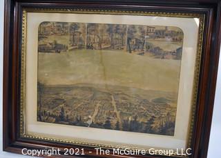 Berkeley Springs, West Virginia Lithograph Collage.  Includes B&O Railroad Depot, Framed Under Glass.  Measures approximately 24 x 31 x 4"D 