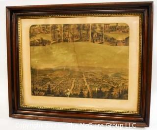 Berkeley Springs, West Virginia Lithograph Collage.  Includes B&O Railroad Depot, Framed Under Glass.  Measures approximately 24 x 31 x 4"D 