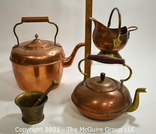 Collection of Copper Pots and Heavy Bronze Mortar and Pestle.