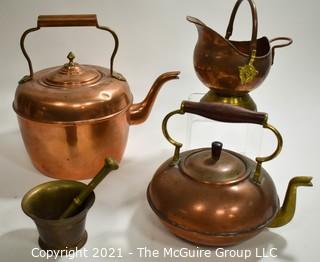 Collection of Copper Pots and Heavy Bronze Mortar and Pestle.