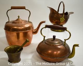 Collection of Copper Pots and Heavy Bronze Mortar and Pestle.