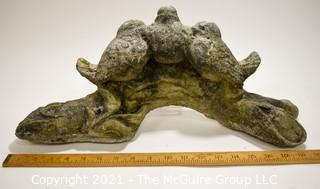 Cement Garden Statue of Three Birds on a Log; 14 x 11 x * 1/2" Tall.