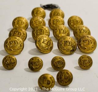 Set of (20) Vintage Brass FD Fire Deparment Buttons in Two Sizes with Shank.  