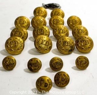 Set of (20) Vintage Brass FD Fire Deparment Buttons in Two Sizes with Shank.  