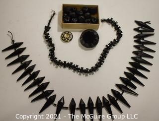 Collection of Antique Hand Carved Black Jet or Glass Buttons and Embellishments. 